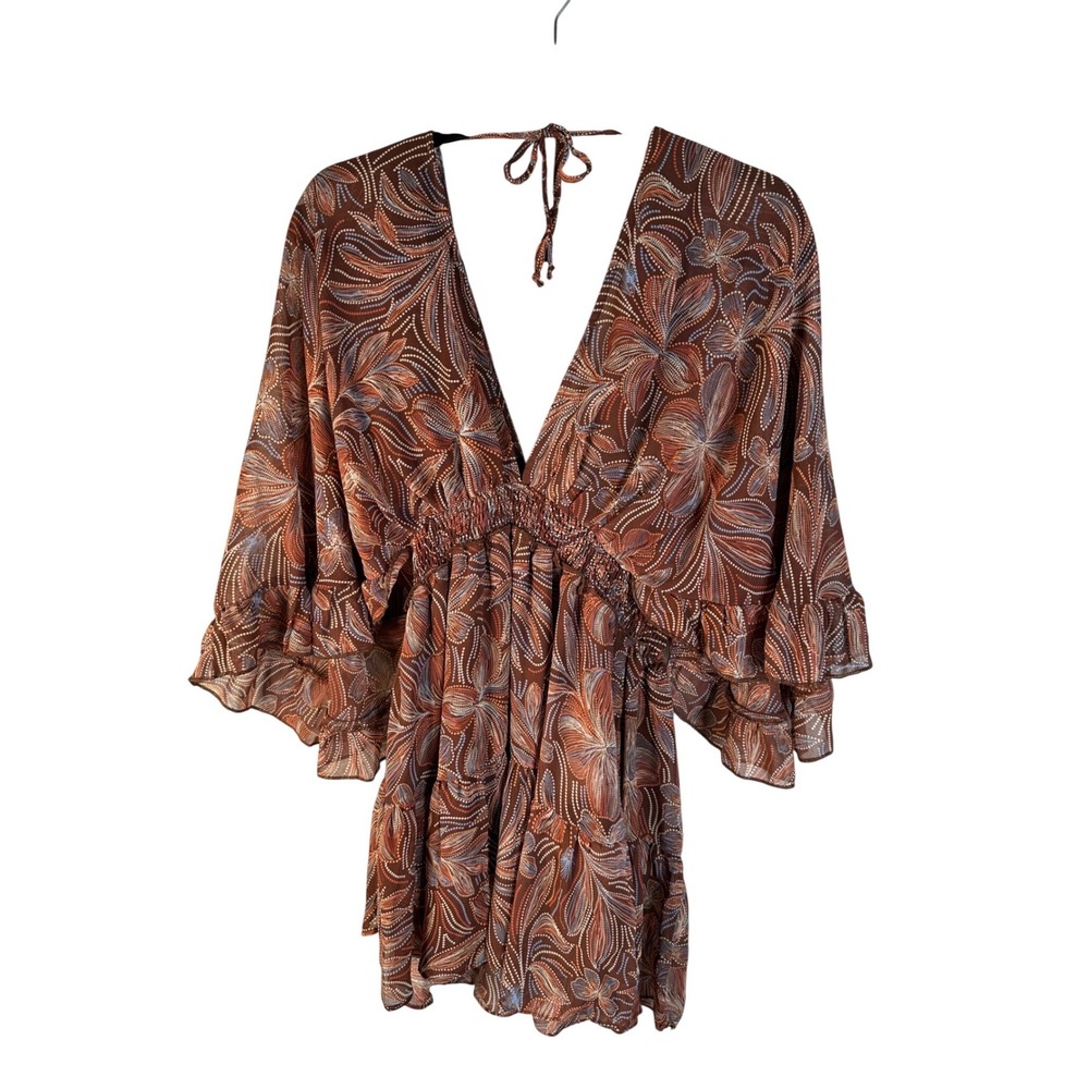 Olivaceous‎ Women's Boho Brown Paisley Ruffle Bell Sleeve Romper Size Medium